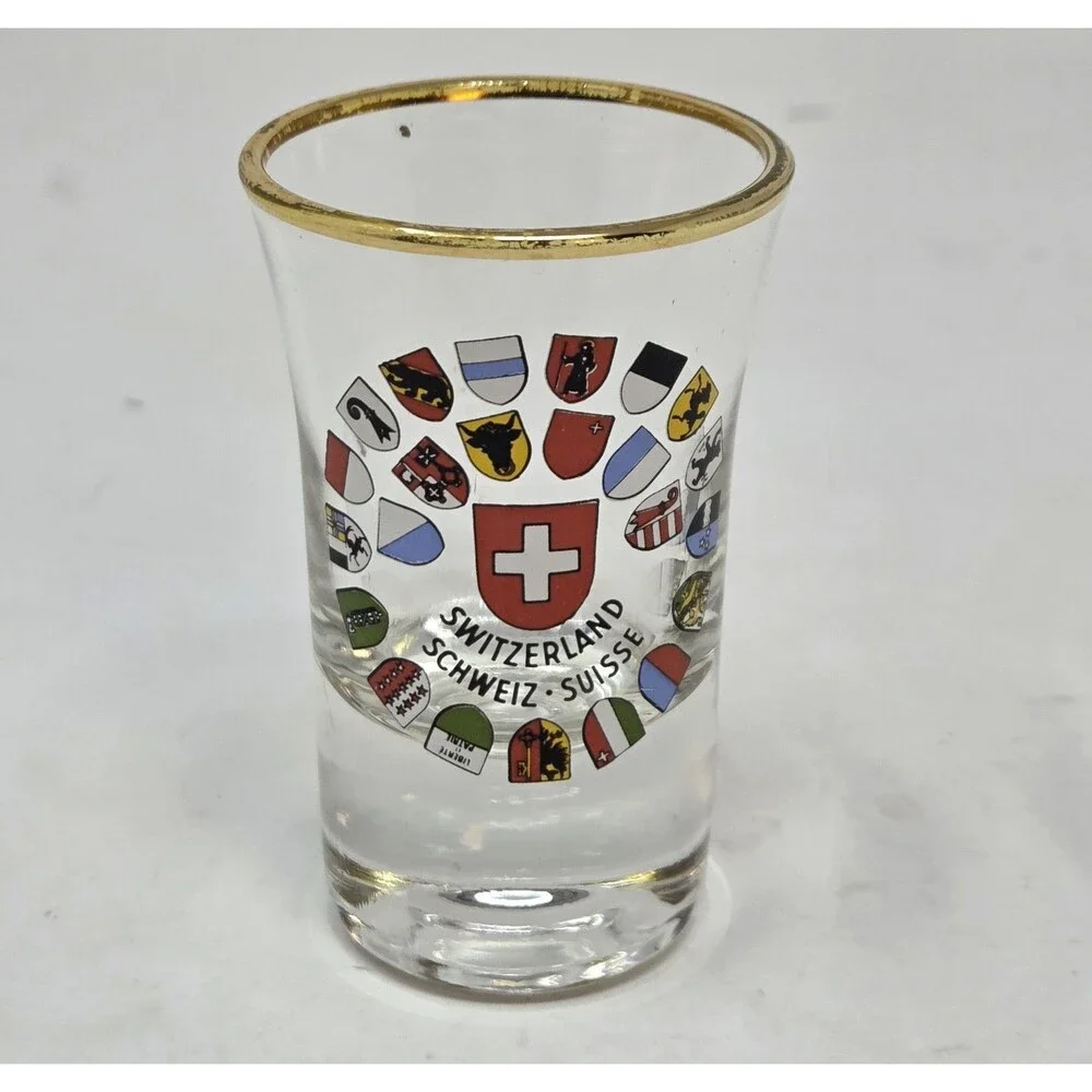 Vintage Switzerland Schweiz Suisse Shot Glass Gold Rim 26 Canton‎ Crests Shields
